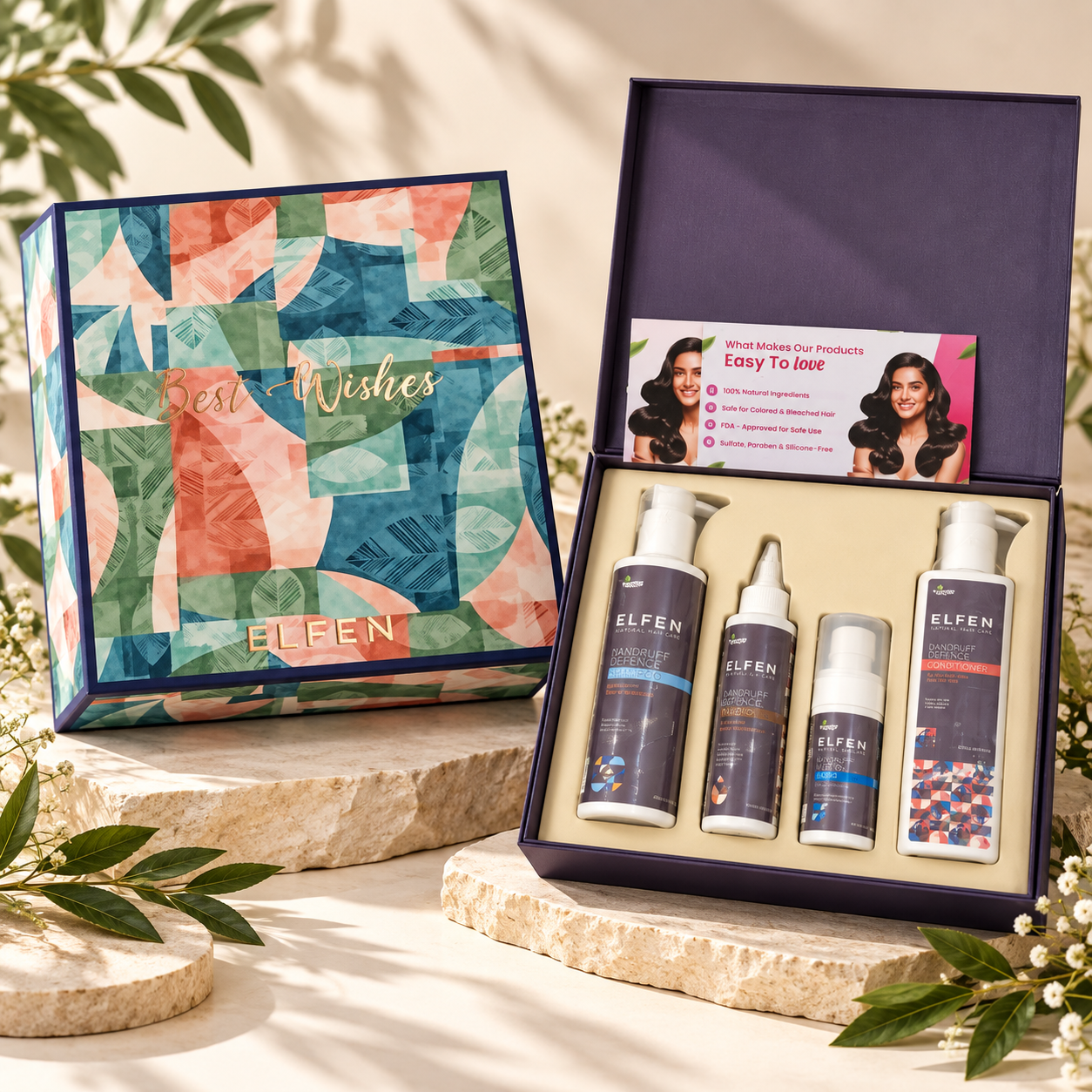 ELFEN hair care gift set in its patterned box